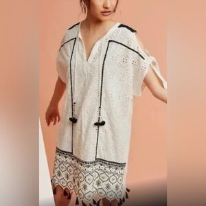 Hemant & Nandita Aditya Cotton Embroidered Eyelet Tunic Dress cream size XSP NWT